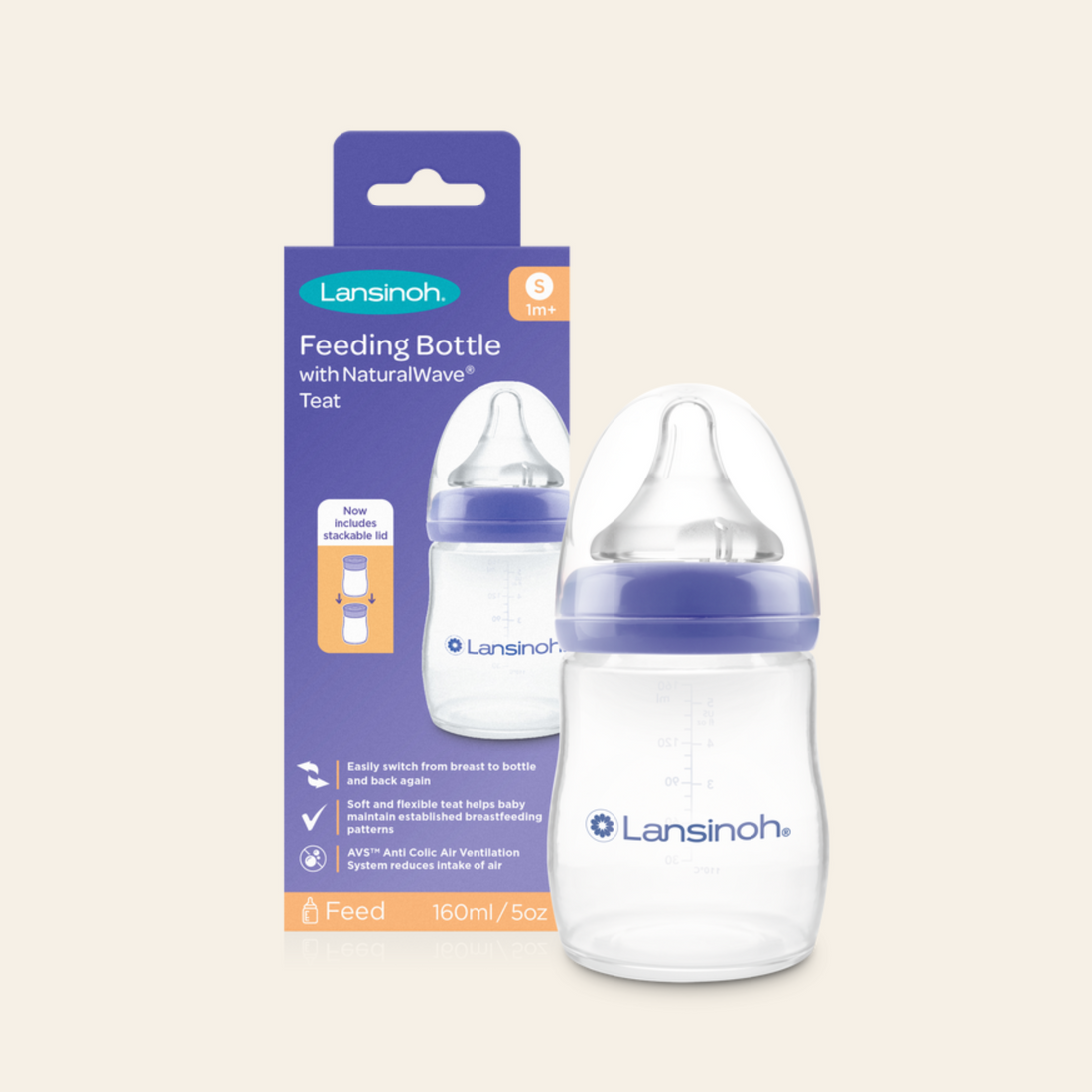 Lansinoh Baby Bottle with NaturalWave Teat (160 ml), Anti-colic, Plastic  100% BPA & BPS free, Slow Flow silicone teat which is soft and flexible